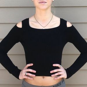 Express Black Open Shoulder Long Sleeve Crop Top